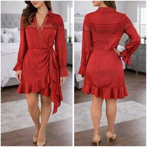 Self-Portrait Red Lace Trimmed Wrap Dress $451